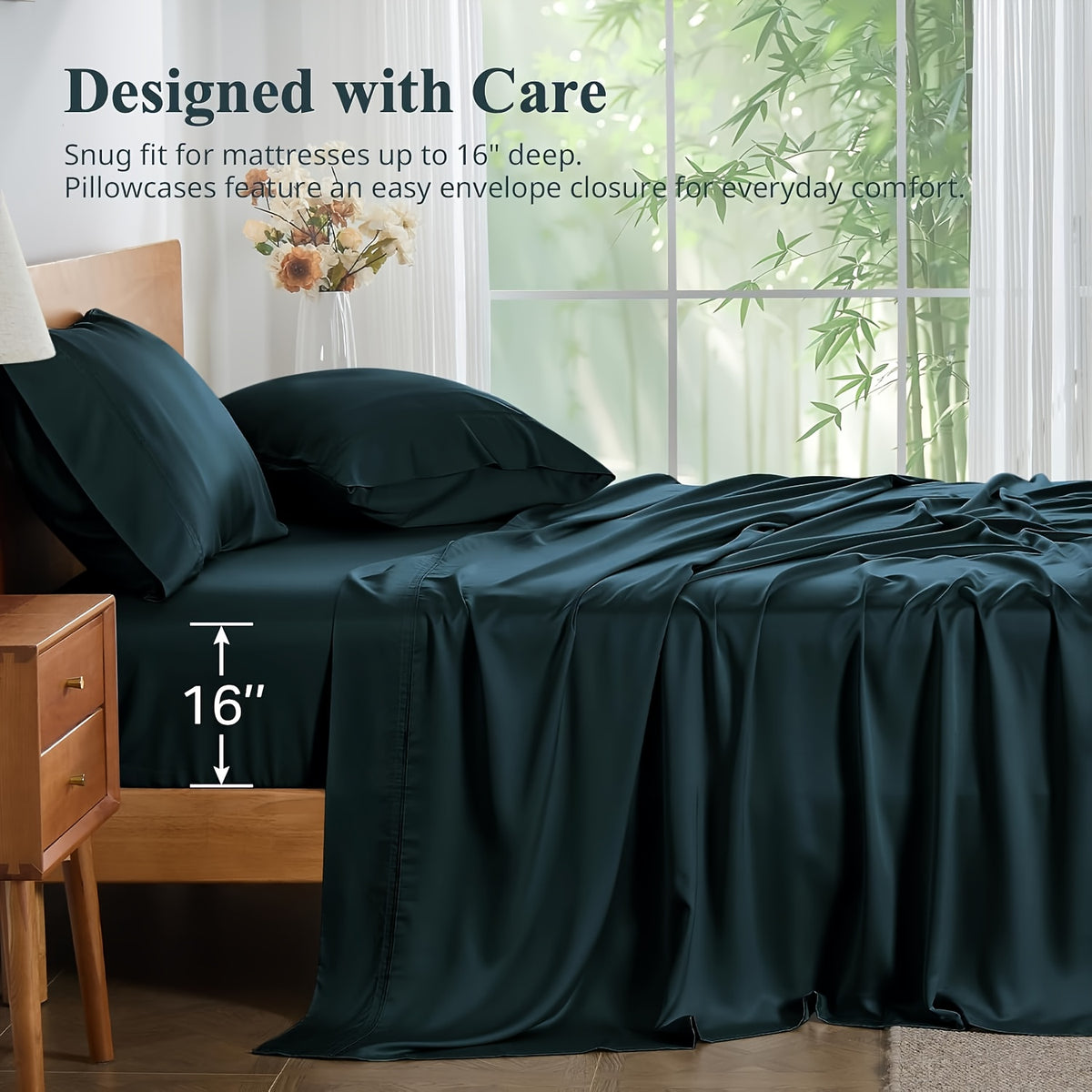 4pcs Bamboo Cooling Bedding - Extra Deep Pocket Breathable And Cooling - Suitable for Hot Sleepers And Sweats, Children Pillowcases, Flat Sheet And Fitted Sheet - A Perfect Gift for Family, Queen And King Sizes