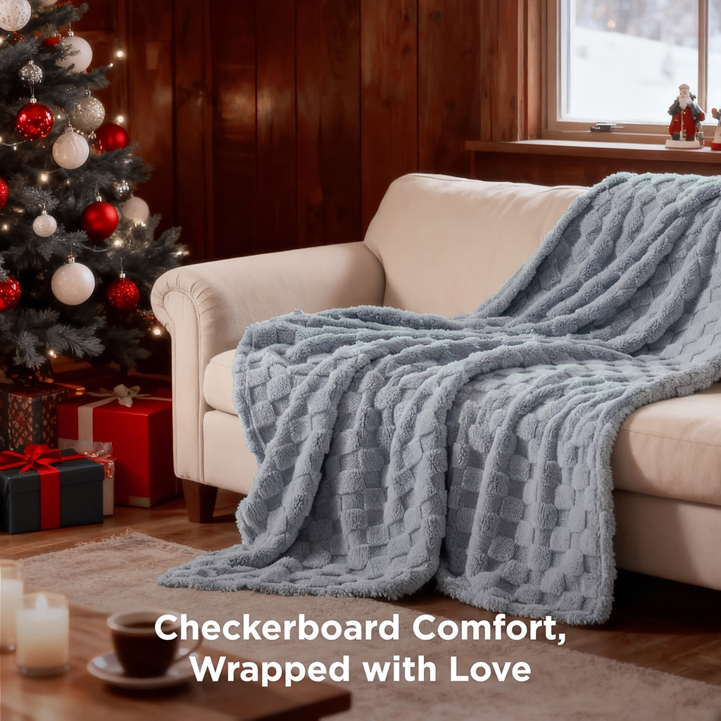 Checkered Fleece Throw Blanket, Soft Jacquard Microfiber Cover in Nine Colors and Three Sizes for Couch Lounging, Bedroom Layering and Cozy Holiday Gifts