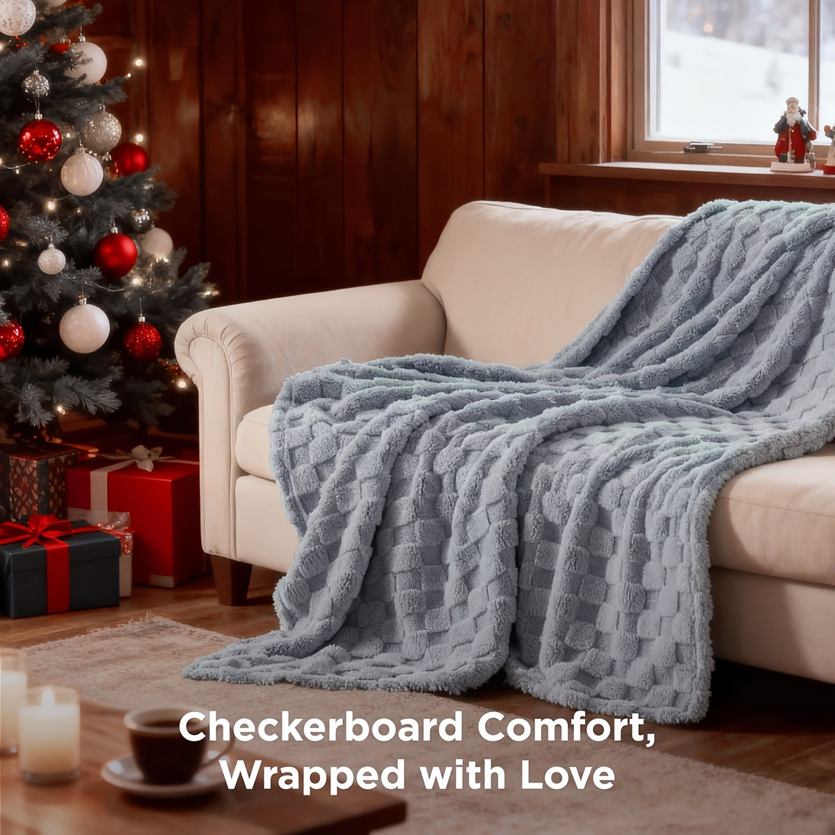 Checkered Fleece Throw Blanket, Soft Jacquard Microfiber Cover in Nine Colors and Three Sizes for Couch Lounging, Bedroom Layering and Cozy Holiday Gifts