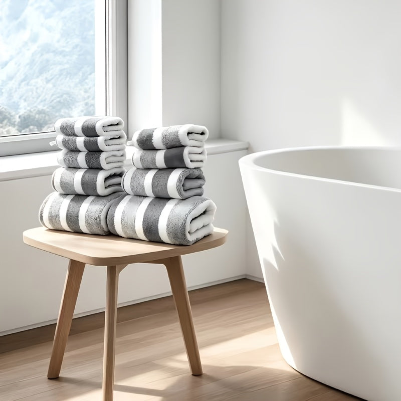 9/15pcs Classic Towel Set, No Hair Loss, Super Absorbent, Super Soft Two-Color Striped Interval Bath Towel Combination, Including 2/5 Large Bath Towels, 2/5 Large Face Towels, 5 Hand Towels, Bathroom Supplies, And Beach Essentials