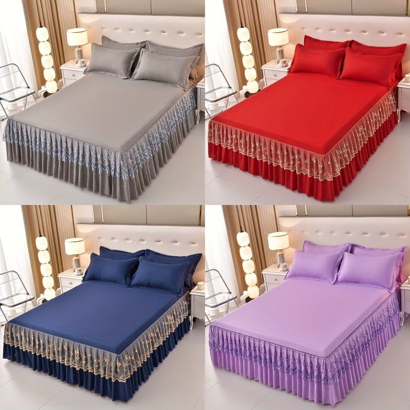 3pcs Macrame Bed Skirt Set (Bed Skirt *1+ Pillowcase*2, Without Core), Solid Color Double Layer Lace Bed Skirt All Seasons Universal Non-Slip Bedding