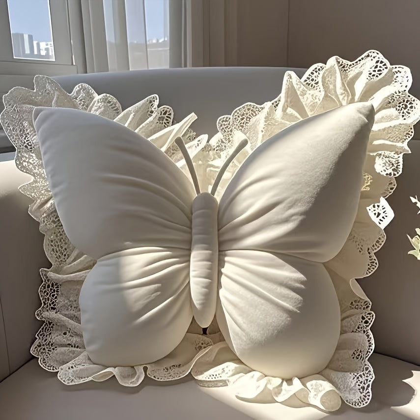 Butterfly-Shaped Decorative Pillow Home Decor Cushion with White Lace Trim Luxurious Velour Fabric And Fill Lumbar Support Cushion for Sofas, Beds, Cars, Offices - Perfect Gift for Women, Housewarming, Christmas, Valentine'S Day Machine Washable