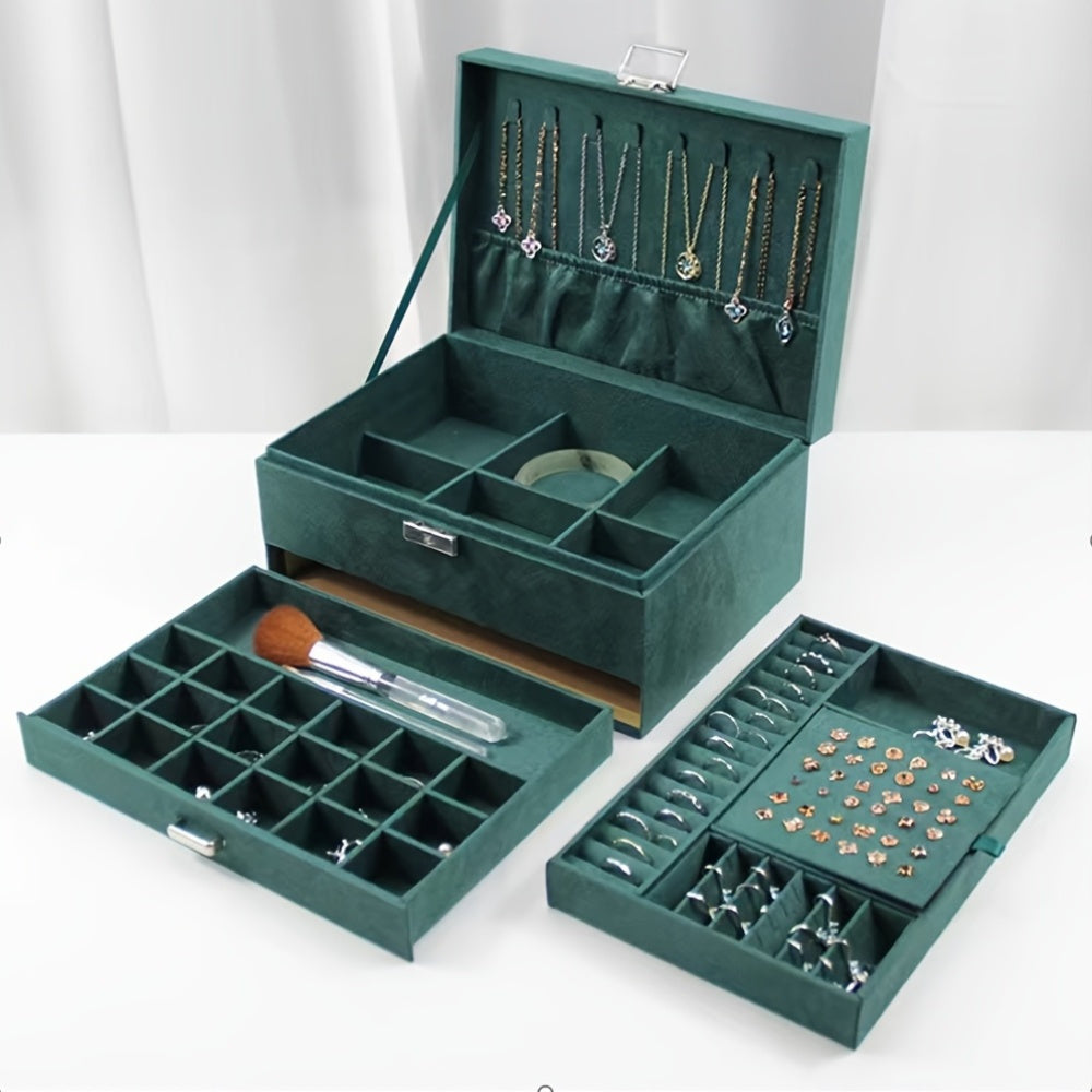 Luxury Velvet Jewelry Organizer Box with Drawers, High-End Jewelry Storage Case, Large Capacity, for Earrings, Rings, Necklaces, Bracelets, Travel Jewelry Organizer Box, Jewelry Boxes