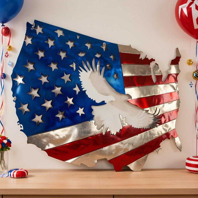 2D Flat, 2D Flat National Flag Metal Wall Art Paired with The Bald Eagle Exudes Grandeur. Ideal Fourth Of July Decor And Gift for Homes, Living Rooms, And Men., 2D Flat