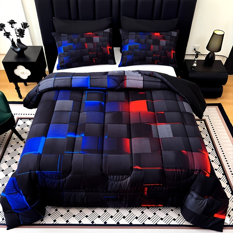 2D Flat Tog 4 3pcs Super Soft Fashion Sense Of Technology Grid Thickening Quilt Set (1 Comforter +2 Pillowcases Without Pillow Core), Contains Padding 180Gsm Quilting Soft Ventilate Digital Printing Bedroom Dormitory At Home Perfect Halloween Gift