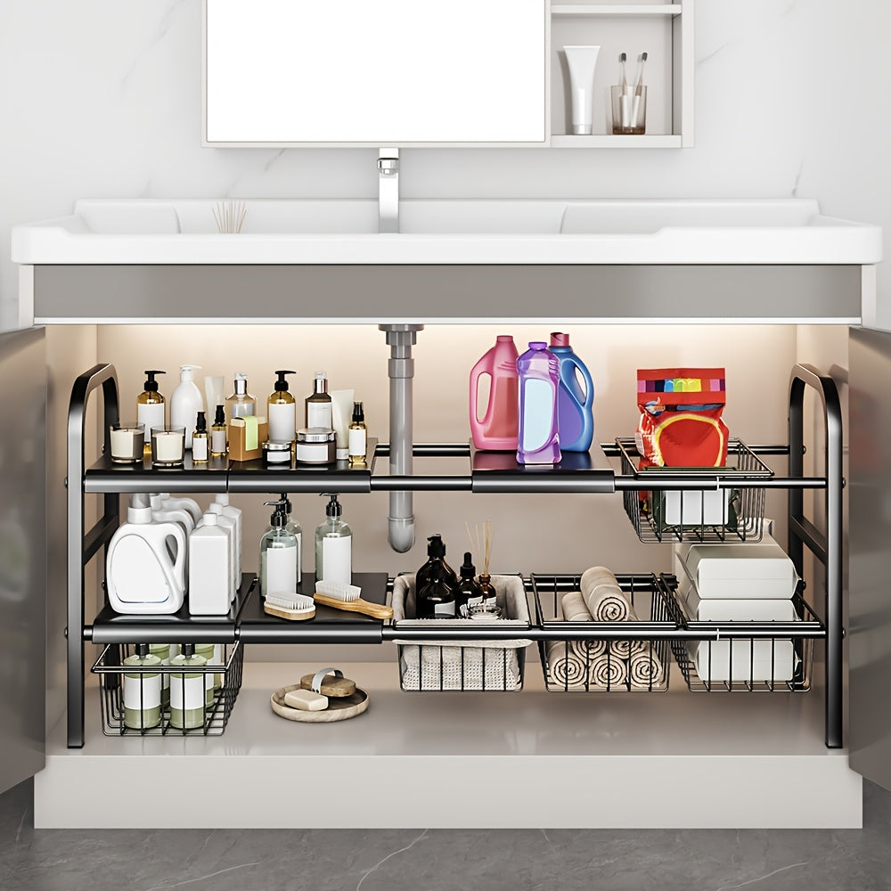 Kitchen Storage Rack, Bathroom Storage Rack, 1 Expandable Under Sink Organizer & Locker 2 Tier Cabinet Shelf Organizer with 5 Removable Panels 5 Baskets for Under Kitchen Bathroom Sink Organizer & Storage.Thanksgiving And Christmas Gifts