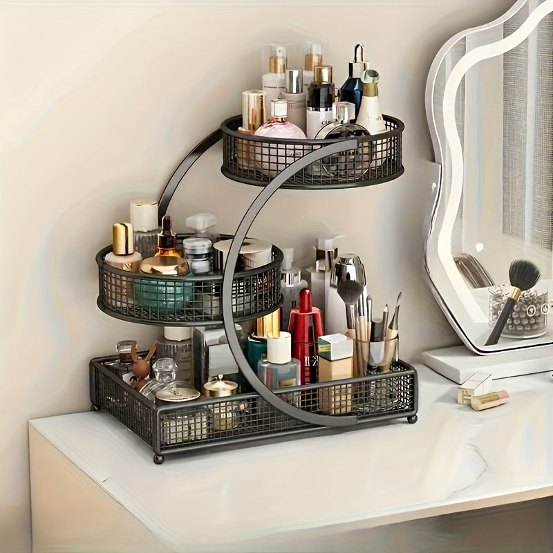 1pc Varnished Metal Cosmetic Organizer - No-Installation Lightweight Makeup Storage Rack, Spiral Design Vanity Countertop Shelf for Lipstick, Durable Metal with Varnished Finish, Space-Saving Bathroom Organizer(Send Makeup Brush Bucket)