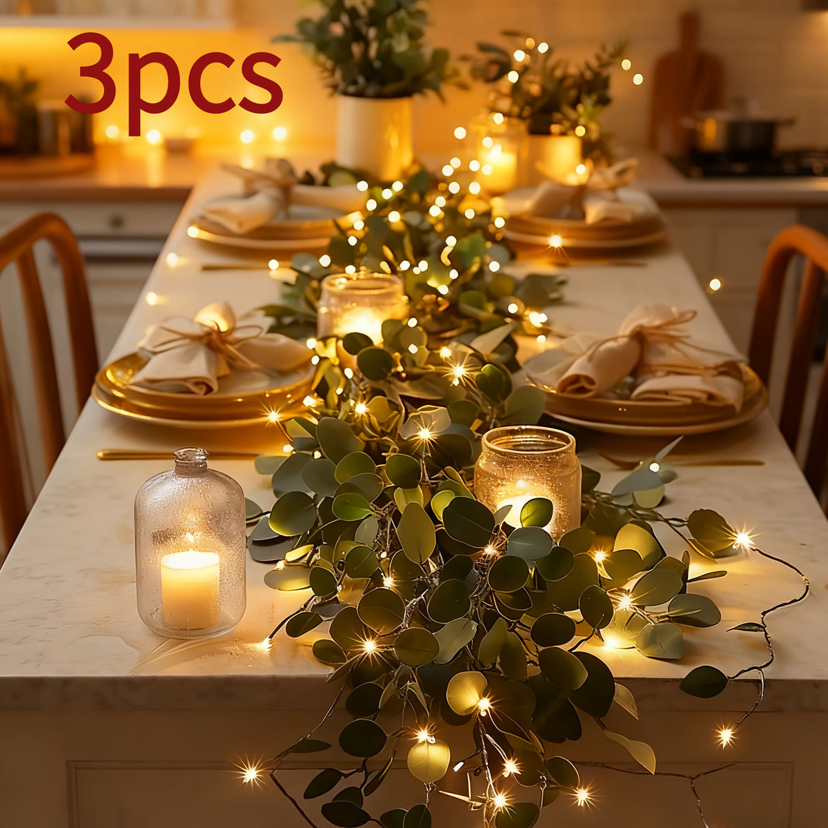 3pcs 78.74 Inches 20-LED Eucalyptus Leaf String Lights, Realistic Artificial Eucalyptus Leaf Wreath String Lights, Valentine's Day, Easter, Dinner Party Decorations, 20 LED Battery Powered (AA Batteries Not Included)