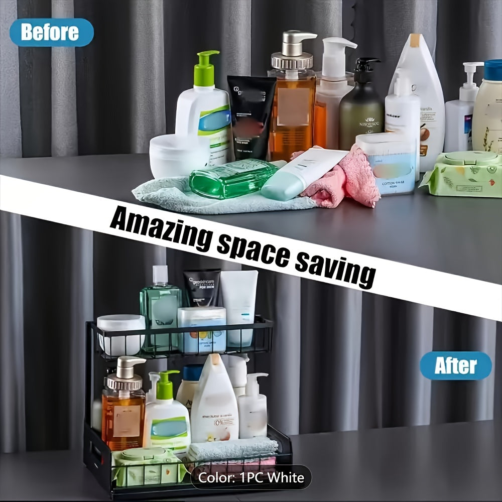 Two-Tier Under-Sink Organizer Featuring a Sliding Drawer, Metal Pull-Out Storage Rack for Kitchen, Bathroom, Or Closet, Designed for Space Efficiency And Easy Access