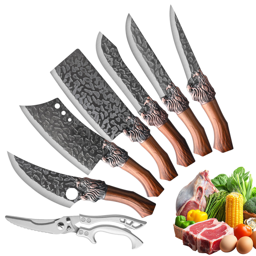 7pcs Chef Knife Set, Hand Forged Damascus Style Blade with Brown Wood Handle, V-shaped Sharp Blade, Suitable for Meat, Fish, Vegetables, Fruits, Professional Kitchen Knives, Suitable for Home Chefs And Chefs (ideal Gift) - Ergonomic Grip