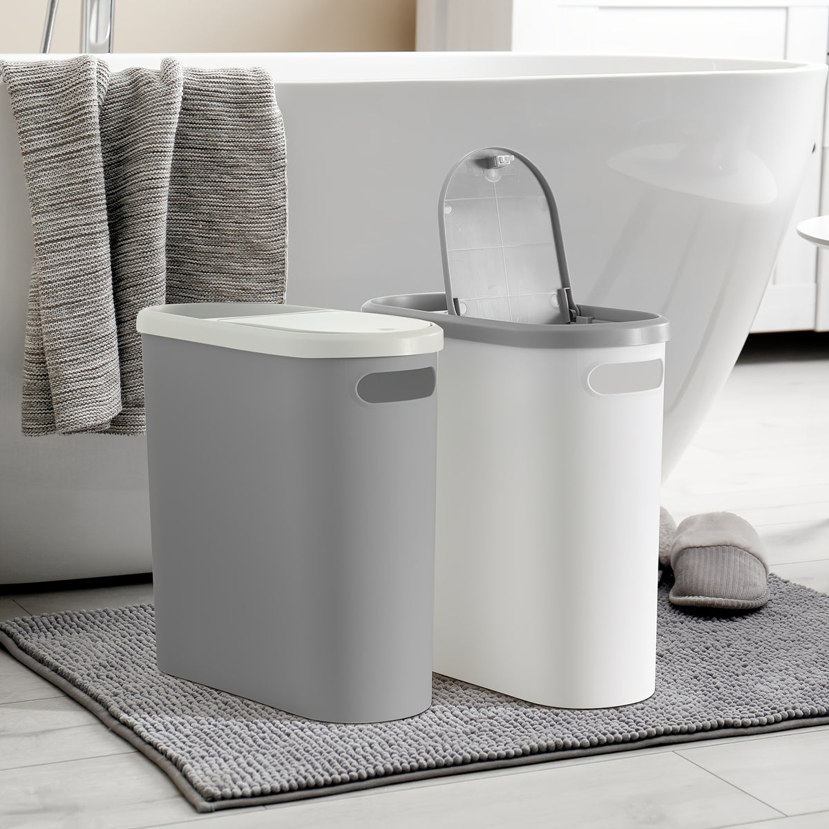 2/1pc Bathroom Trash Can, Compact And Durable Plastic Wastebasket With Built-in Handles, Easy To Clean, Rustproof, Space-Saving Design, Ideal For Small Spaces In Bathroom, Laundry, And Home Office