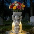 Solar Cemetery Vase with LED Light and Metal Ground Spike, Resin Memorial Flower Holder in Angel and Cross Styles for Graves and Garden Remembrance