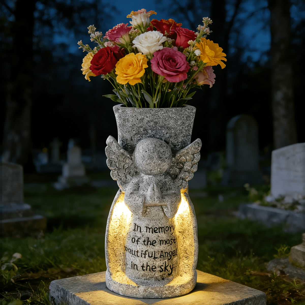 Solar Cemetery Grave Vase with LED for Fresh/Artificial Flowers Headstones Vases with Spikes Gravestone Decor Memorial Gifts for Loss of Loved One
