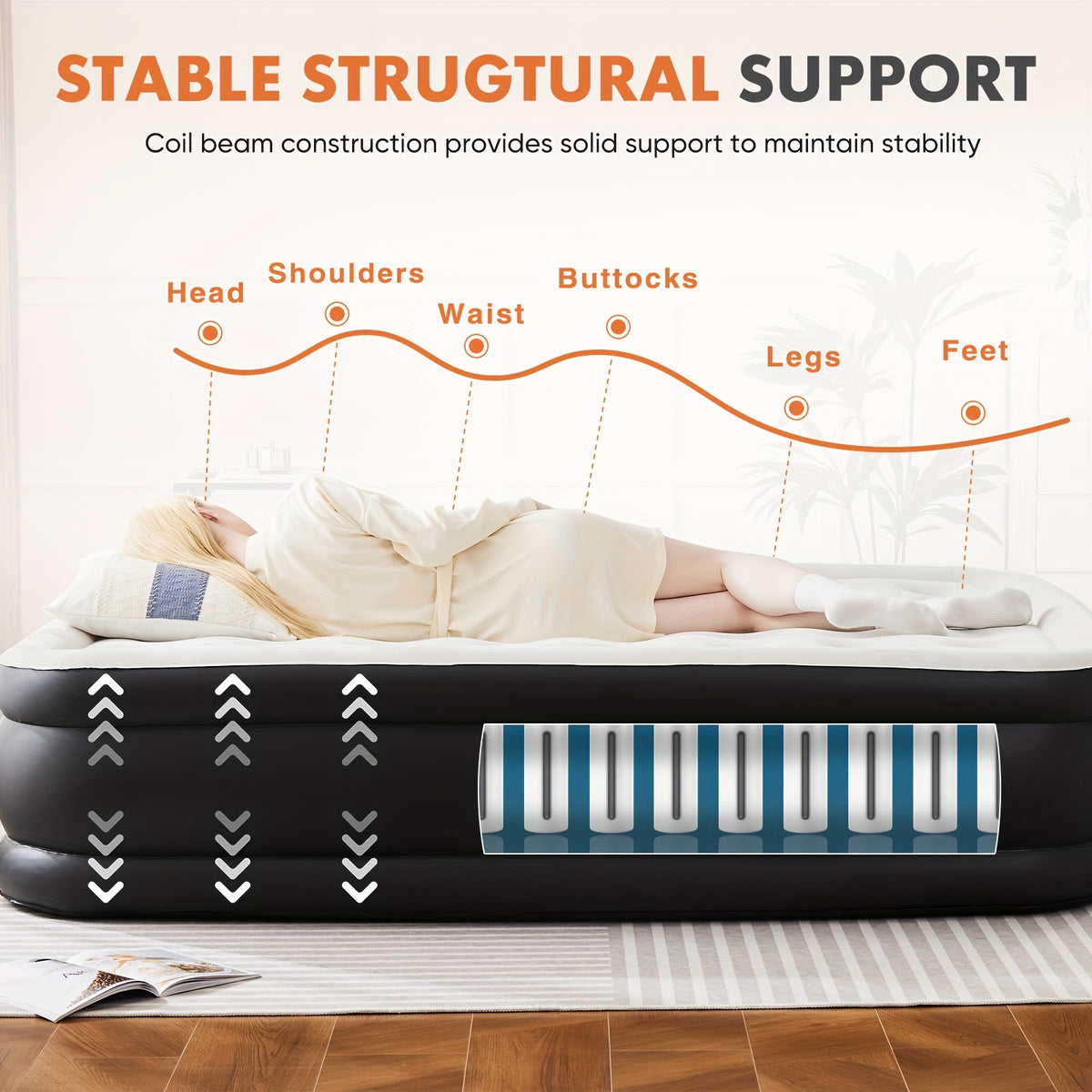 Air Mattress With Coil Beam Support, Plush Velvety Top Non-Slip Bottom For Stability On Smooth Floors And Carpets, Available In Two Sizes And Three Heights, Can Hold Up To 660 Pounds