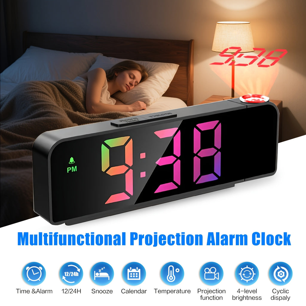 Black Projection Alarm Clock, Multifunctional LED Digital Clock with Colorful Light, USB, Displays Year, Date, Temperature, Adjustable Brightness, Bedroom Clock, 1 Pack,