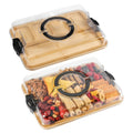 Portable Bamboo Snack Tray with Clear Locking Lid and Handles, 5-Compartment Rectangular Charcuterie Serving Platter for Parties, Picnics and Camping