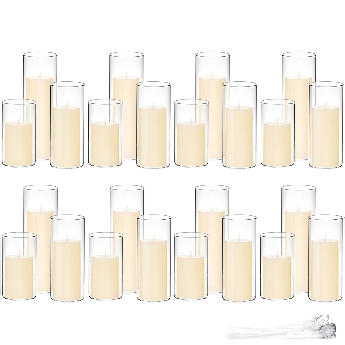 White Pillar Candles with Clear Glass Hurricane Holders- Elegant Cylinder Candle Vases for Weddings, Parties, Centerpieces, Home & Office Decor