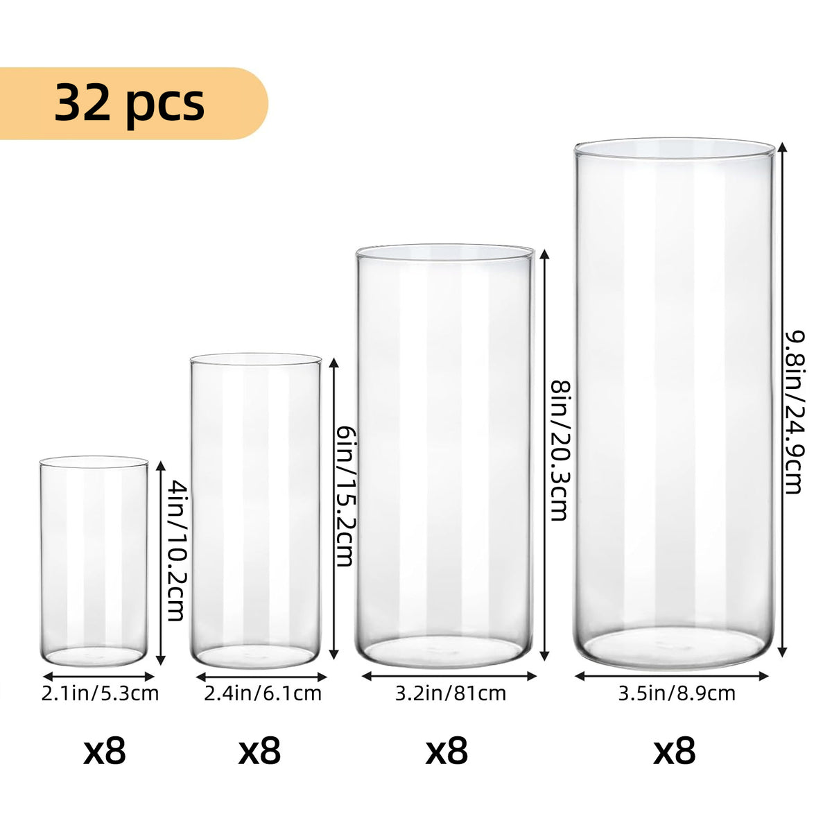 WHONLINE 16pcs Clear Glass Cylinder Vases, 4, 6, 8, 10 Inch Tall Cylinder Vases for Party Centerpieces, Hurricane Floating Candle Holder Vase for Table Shelf, Party, Collectible Buildings & Accessories，Wedding, Home Decor