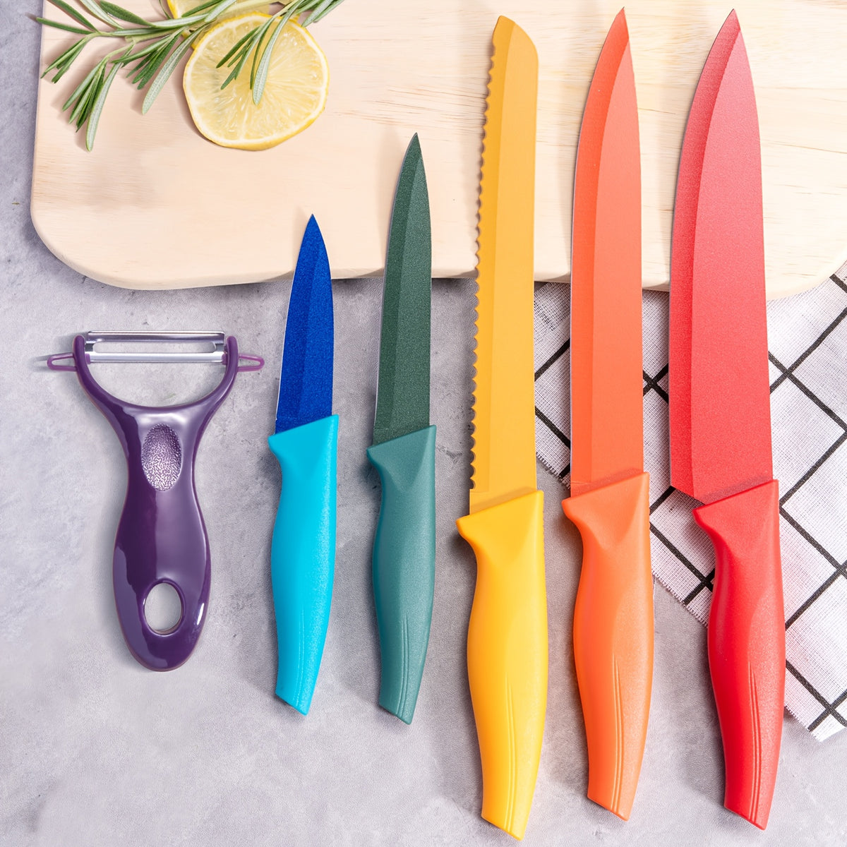 6pcs High-carbon Stainless Steel Sharp Kitchen Knife Set, Kitchen Knife Set And Block Chef Knife, Bread Knife, Scissors, Sharpening Knife, Kitchen Essentials, Dishwasher Safety, Anti-slip Handle, Best Gift for Halloween And Christmas