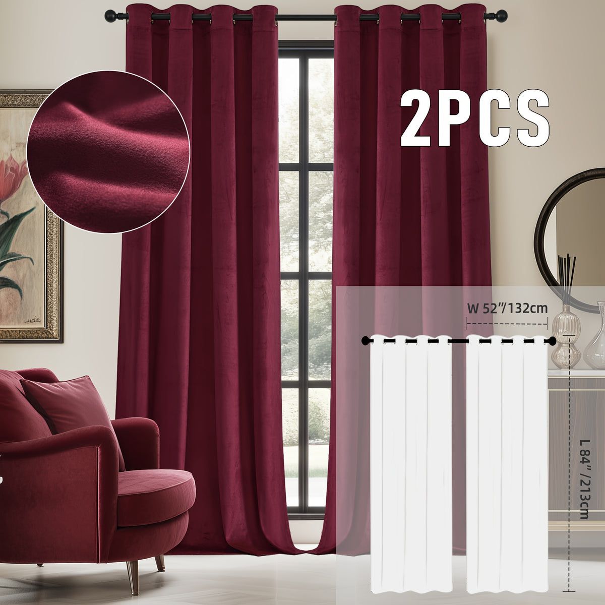 2pcs Velvet Room Darkening Curtains | Vintage Soundproof and Thermal Insulated, Elegant Soft Velvet Grommet Top Curtains for Living Room and Bedroom, Unlined, Solid Color, Fashionable Valentine'S Day Décor