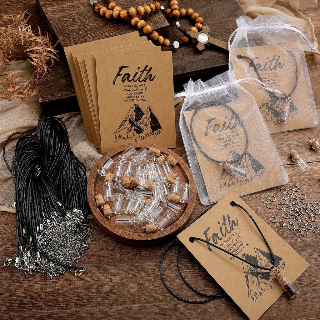 50 Set Mustard Seed Faith Necklace Christian Gifts for Woman DIY 0.02oz Mini Glass Jars Craft Necklace with Christian Faith Cards Gifts, Without Mustard Seed(Classical)