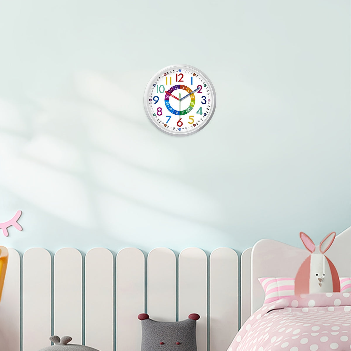 Learning Wall Clock for Kids, Colorful 8 10 or 12 Inch Time-Telling Teaching Clock with Silent Quartz Movement and Plastic Frame for Bedroom and Classroom