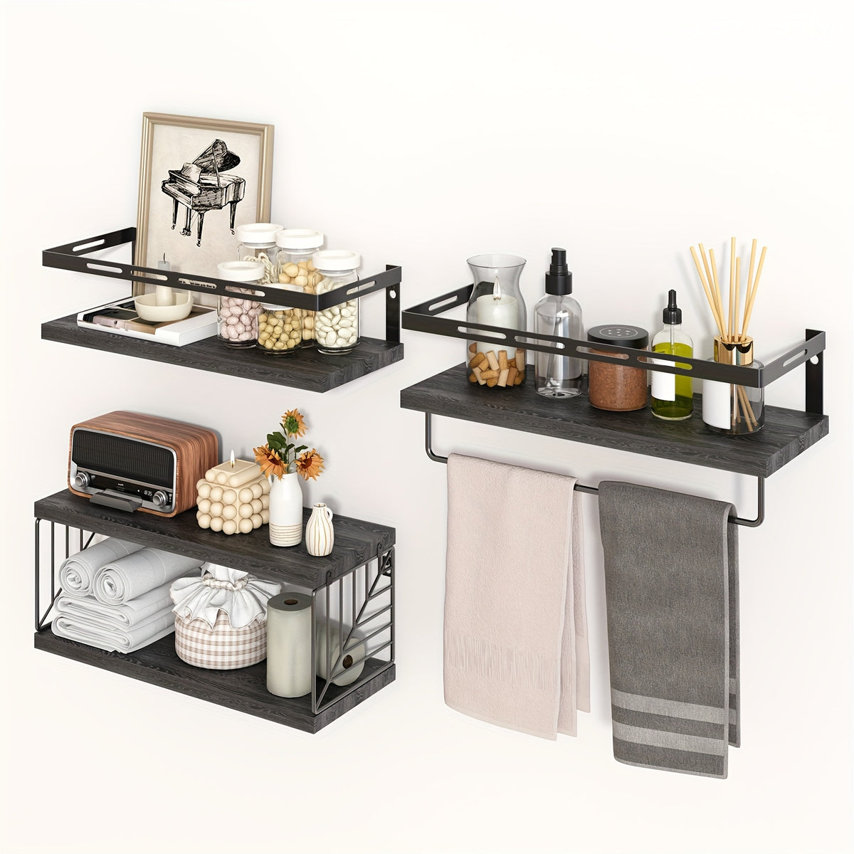 TOMNK 3+1 Tier Wall-Mounted Shelf with Black Metal Guardrails and Storage Baskets, Sturdy and Durable, Space-Saving, Multi-Functional Home Decor, Suitable for Kitchen, Bathroom, Bedroom, Living Room, Small Indoor Spaces, Wall Decoration