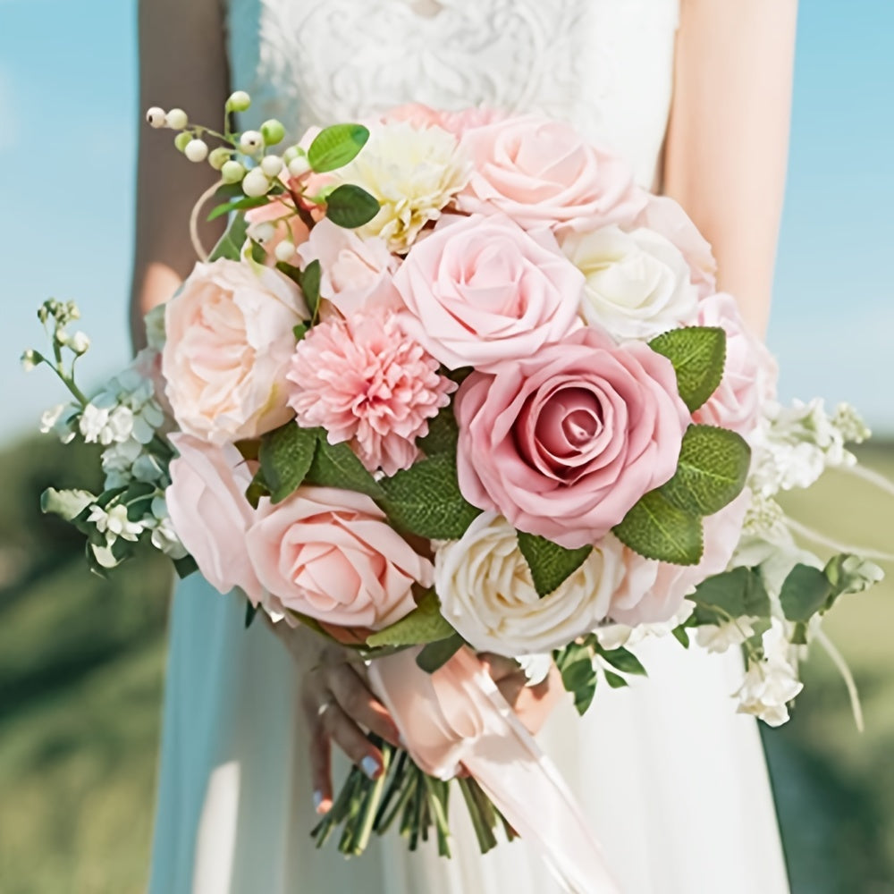 AUSOGO Light Pink Artificial Rose Bouquet Set - Perfect for Weddings, Engagements, Home Decor & Special Occasions like Valentine's, Mother's Day & Birthdays