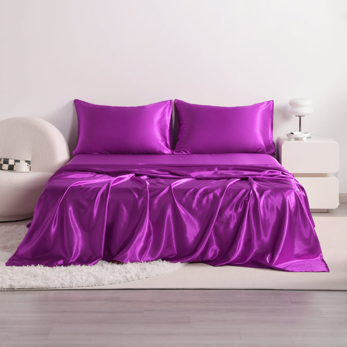4pcs Cooling Satin Bed Sheet Set, Shrink-Resistant, Fade-Resistant, Hypoallergenic, Breathable,Flat Sheet & Fitted Sheet & Pillowcase Set with Deep Pocket, 300 Gsm