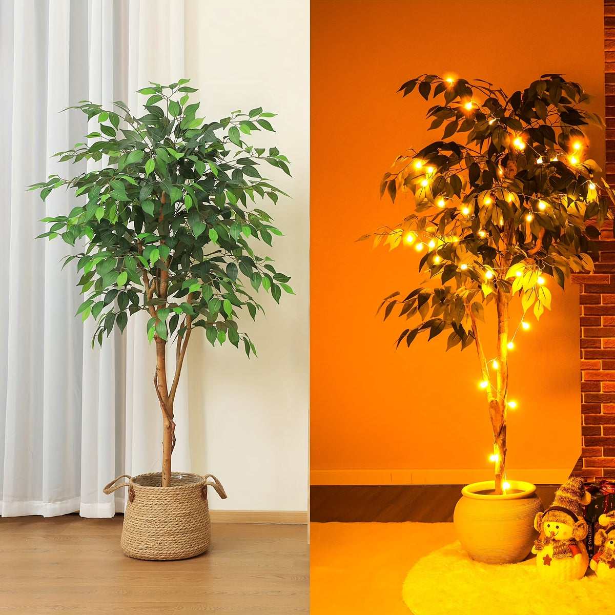 Tall Artificial Ficus Tree - Fake Greenery Potted Plant with Natural Wood Trunk And Lifelike Leaves-Elegant Indoor Outdoor Living Room Home Decor