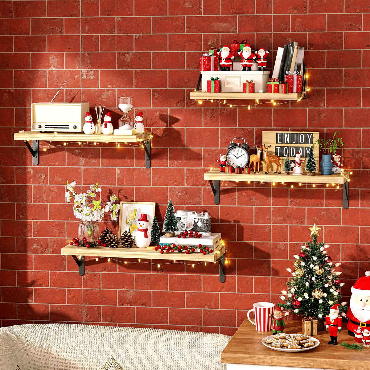 Farmhouse Floating Wall Shelves, Set of 4 Different-Size Natural Wood Boards with Triangle Metal Brackets for Bedroom, Bathroom and Kitchen Storage