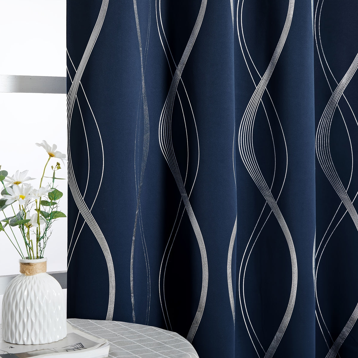 Blackout Curtains 2 Panels Set for Bedroom/Living Room, Noise Reducing Thermal Insulated Wave Line Foil Print Drapes for Patio Sliding Glass Door