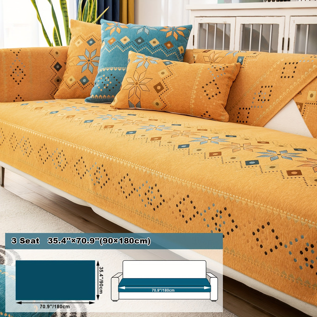 1pc Bohemian Chenille Sofa Cover Suitable for Sofa Sizes (Single to Four-Seater) - Thick Plush Non-Slip Couch Cover with Geometric Embroidery, Chenier Fabric Slipcover Fits for Sectional Sofas, Machine Washable Furniture