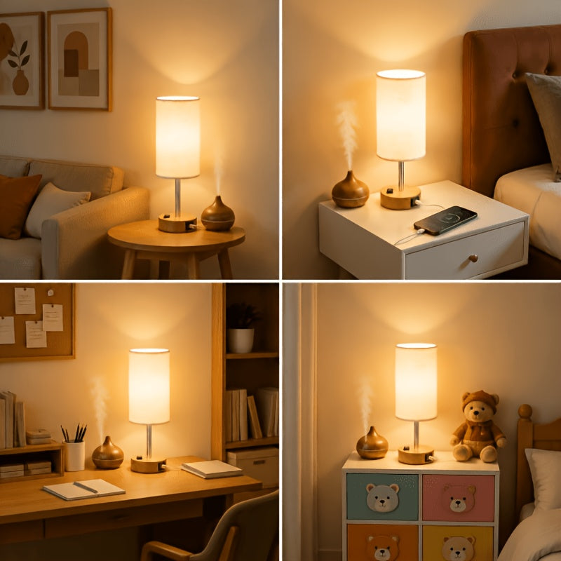 Dimmable Table Lamps with USB Charging Ports And AC Outlet, 3-Way Switch Control Bedside Nightstand Lamps, Wood/Metal Base, Modern Desk Lamps for Bedroom, Living Room, Office, Bulbs Included (1/2 Pack)
