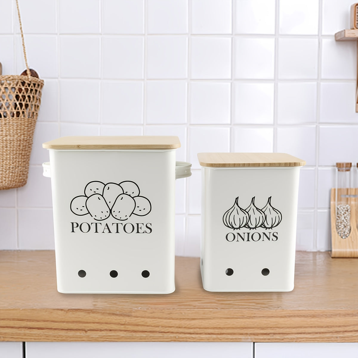 Kitchen Storage Canister, Potato Onion Storage Bin With Aerating Tin Storage Holes & Wooden Lid, Kitchen Organizers For Onion, Potato, Fruit, Black