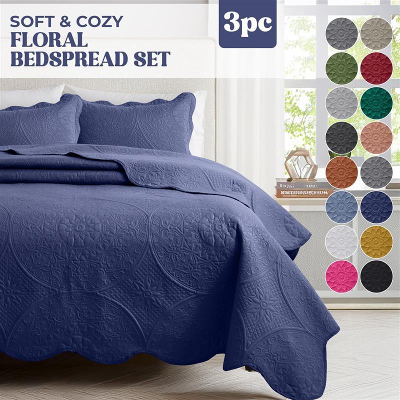 3pcs Luxury Quilted Bedspread Set – Oversize Quilt Coverlet Soft & Cozy Floral Bedspread with Pillow Shams, Breathable Lightweight for Bedroom & Guest Room Decor