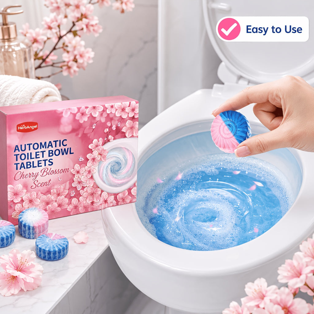 Automatic Toilet Bowl Tablets Suitable for Household Toilets - Cherry Blossom Scent Suitable for Plastic Tank Cleaners, Dual Color Water Soluble Film with Urine Scale Remover, Long Lasting Fragrance Tablets for Deep Stain Elimination