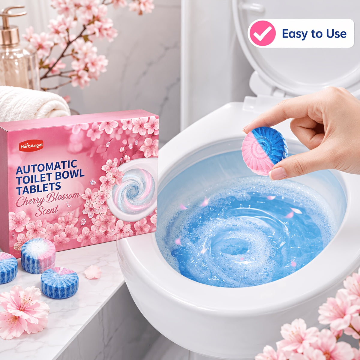 Automatic Toilet Bowl Tablets Suitable for Household Toilets - Cherry Blossom Scent Suitable for Plastic Tank Cleaners, Dual Color Water Soluble Film with Urine Scale Remover, Long Lasting Fragrance Tablets for Deep Stain Elimination