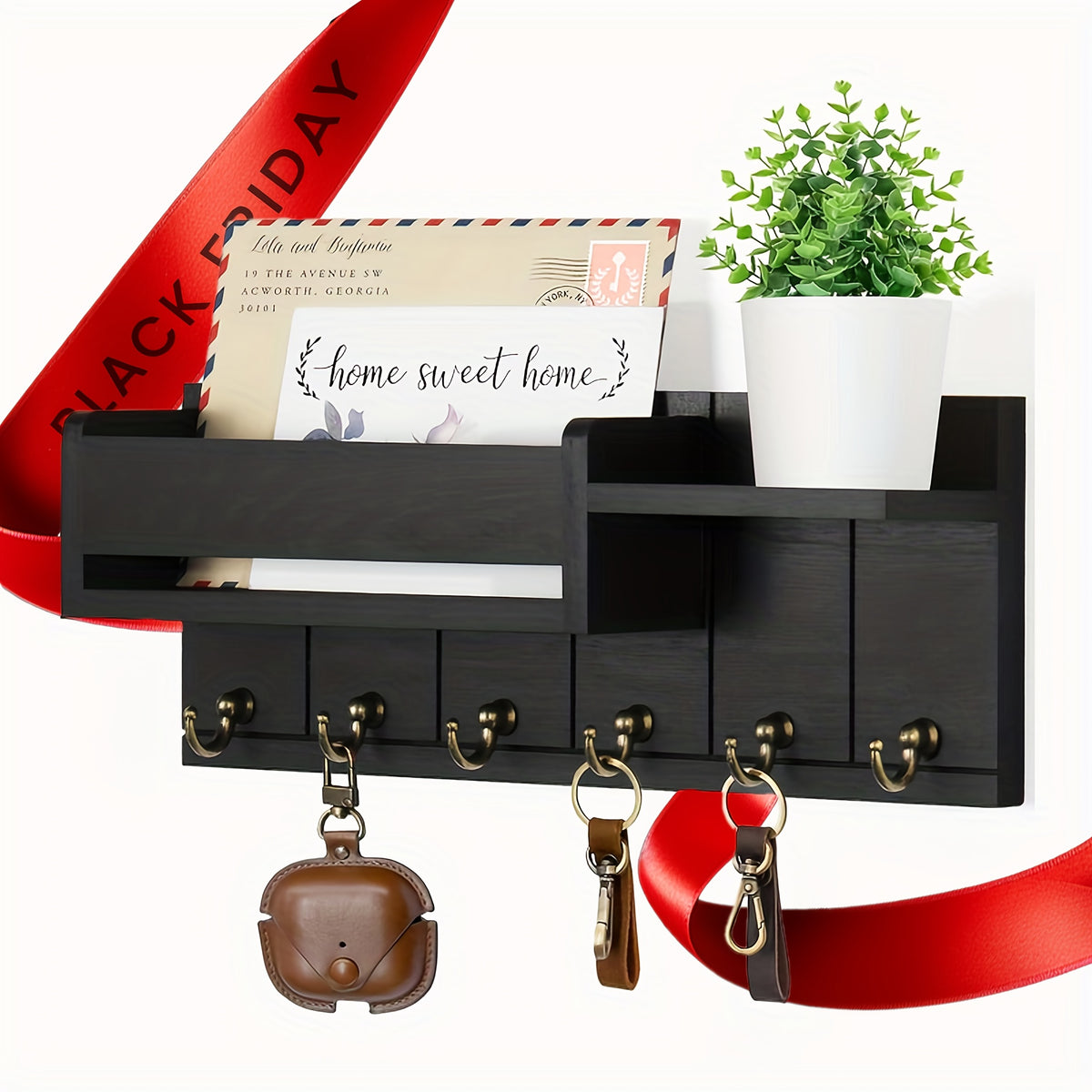 Rustic Key and Mail Organizer, Wood Wall Mounted Storage Rack with Mail Slot, Multiple Hooks and Shelf for Entryway, Hallway and Living Room