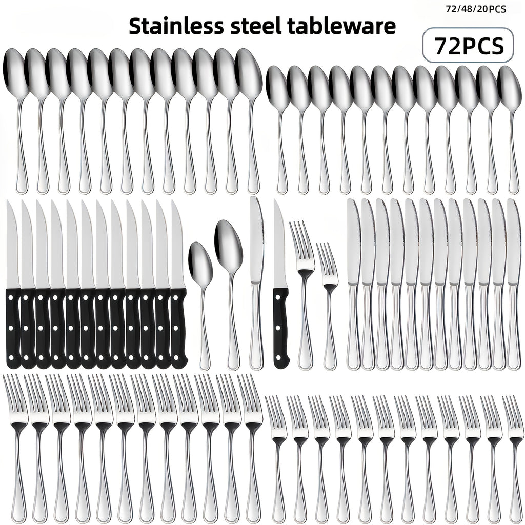 72pcs/48pcs/20pcs Stainless Steel Silverware Flatware Cutlery Set, Includes Dinner Knife Fork Spoon Steak Knives, Food Grade Rust And Scratch Resistant Tableware