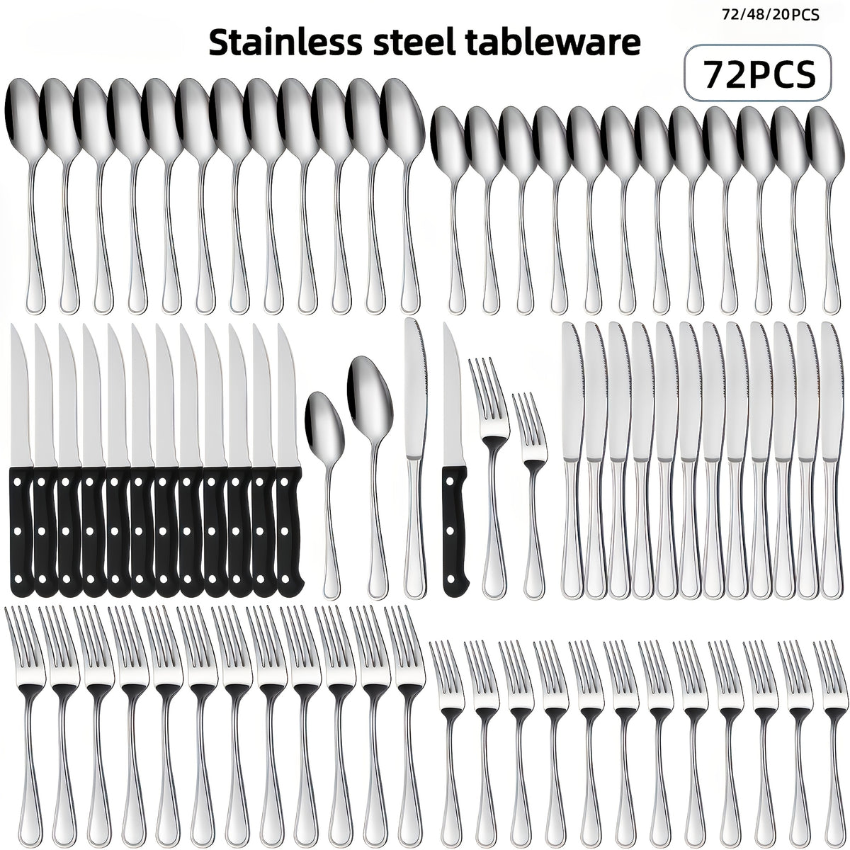 72pcs/48pcs/20pcs Stainless Steel Silverware Flatware Cutlery Set, Includes Dinner Knife Fork Spoon Steak Knives, Food Grade Rust And Scratch Resistant Tableware