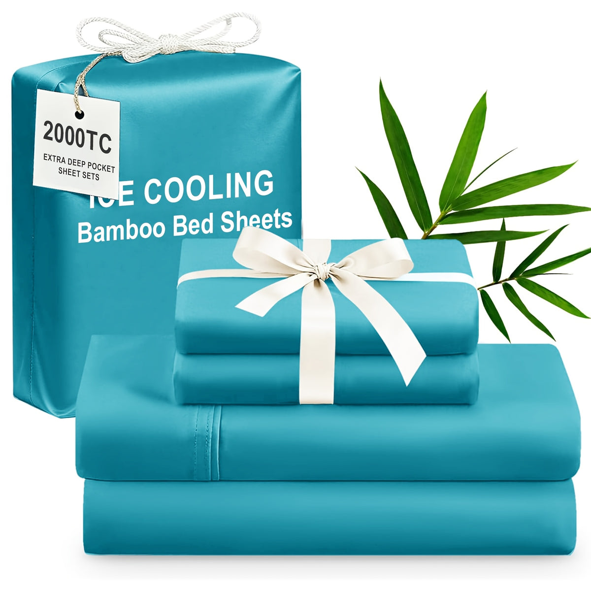 4pcs Bamboo Cooling Bedding - Extra Deep Pocket Breathable And Cooling - Suitable for Hot Sleepers And Sweats, Children Pillowcases, Flat Sheet And Fitted Sheet - A Perfect Gift for Family, Queen And King Sizes
