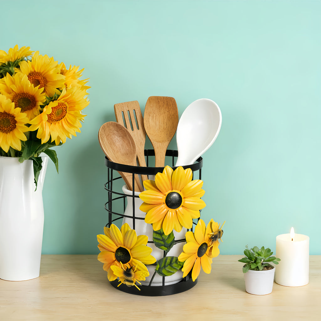 Sunflower Flatware Storage Basket - Open Kitchen Countertop Organizer, Home Storage & Decor, Housewarming Gift Must-Have, Stylish & Functional Present