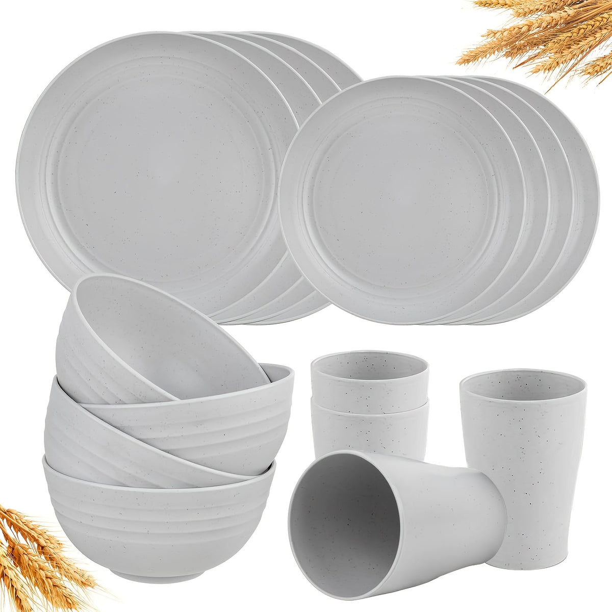 16/32pcs Kitchen Plastic Wheat Straw Tableware Set, 4/8 People, Plates, Dessert Plates, Cereal Bowls, Cups, Unbreakable, Lightweight Shatterproof for Camping/Daily Use/Parties/Weddings, Gift for Halloween/Christmas, Local Warehouse Item