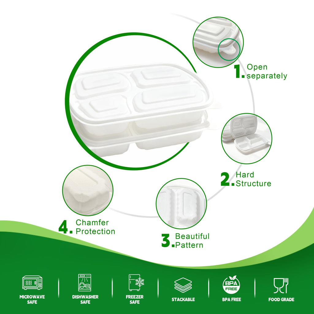 50-Pack 4-Compartment White Clamshell Meal Prep Containers, Disposable Bento Box, Food Storage Container, Bpa-Free, Stackable, Portion Control, Freezer/Microwave Safe, Great for Labor Day, Picnics, Parties & Outdoor Events, Local Warehouse