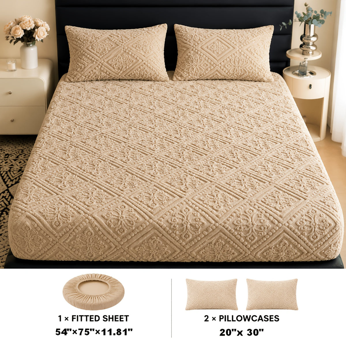 Embossed Fitted Sheet with Optional Pillowcases, Soft Deep Pocket Machine Washable Bedding in White, Gray, Khaki, Blue and Green for Twin Full Queen King