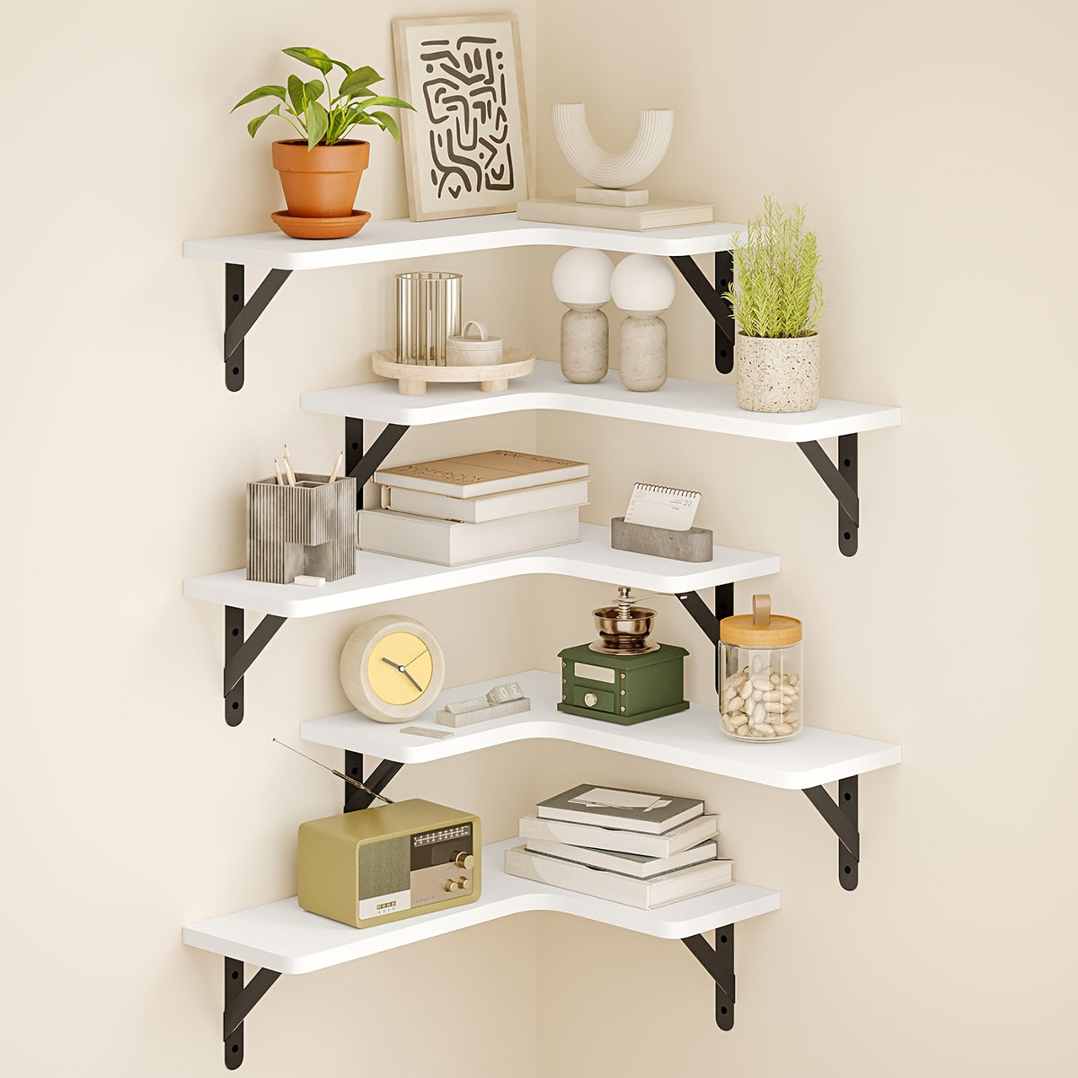 Corner Floating Shelf Set, 5-Piece Multi-Color or 6-Piece Black Wall Mounted Storage Shelves for Bathroom, Kitchen, Bedroom and Living Room Decor