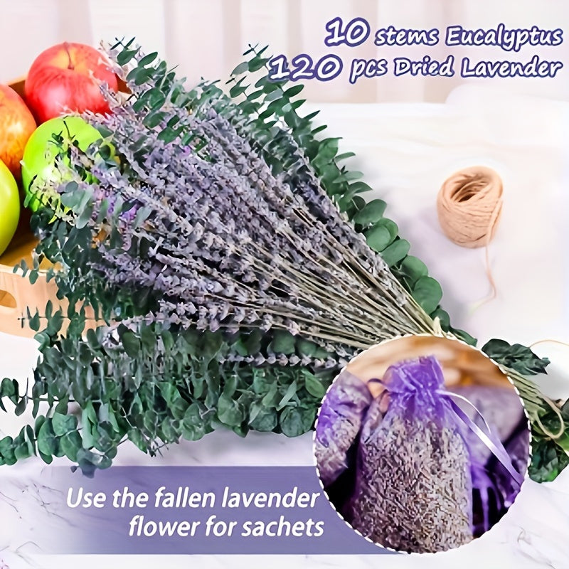 130pcs Preserved Eucalyptus & Lavender Flower Bundles Suitable for Hanging Shower Plants, 17” Real Fresh Eucalyptus Leaf Stems with Preserved Preserved Flower Stems for Home Spa Fragrance, Bathroom Decor, Everlasting Botanical Hanging Decor
