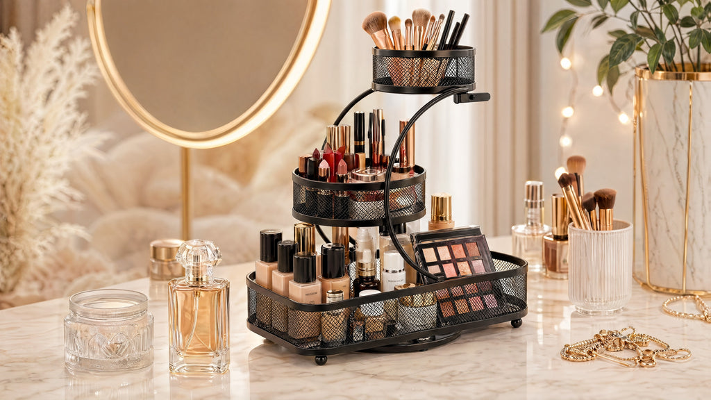 Metal Mesh Countertop Organizer, Three-Tier Basket Storage Rack with Black or White and Mini Options for Cosmetics, Toiletries, Kitchen and Desk Essentials