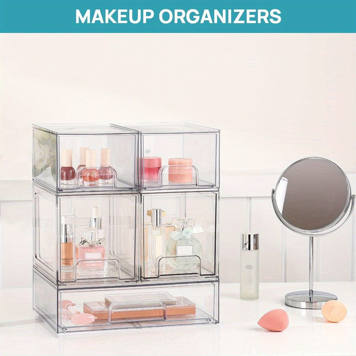 4 Pack Stackable Storage Drawers, 7.5"D X 6"W X 6.6"H Acrylic Bathroom Makeup Organizers, Clear Plastic Storage Bins for Vanity, Perfume Organizer